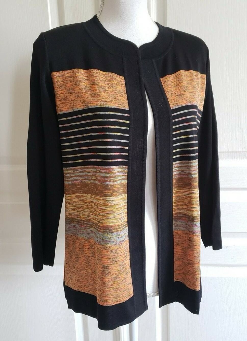 Misook Striped Cardigan Warm Tones Tan Black 3/4 Sleeve large